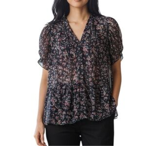 Sandro silk floral semi sheer button down short sleeve top excellent condition